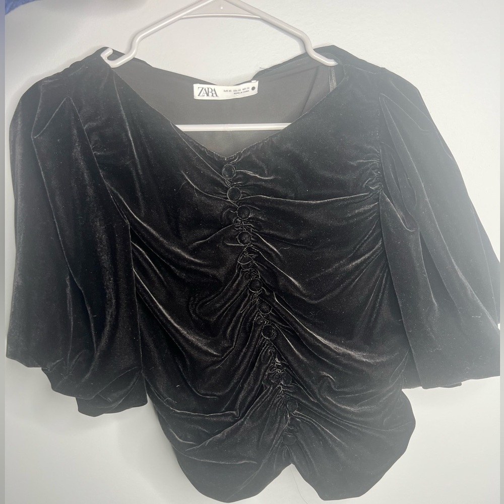Zara Black Ruched 3/4 Sleeve Blouse